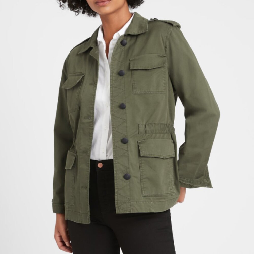 Banana Republic Women's Olive Green Front Button Collared Twill Utility Jacket 6 - Picture 11 of 12